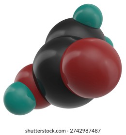 3D hemispherical molecular model of ethanoic acid (acetic acid), C2H4O2. High quality render of a simple carboxylic acid structure isolated on a white background.