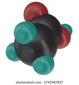 3D hemispherical molecular model of ethanoic acid (acetic acid), C2H4O2. High quality render of a simple carboxylic acid structure isolated on a white background.