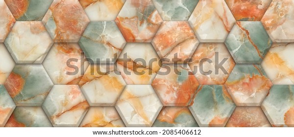 3D hexagon made of colorful Marble decor. Material multicolor marble. High quality seamless realistic texture.
