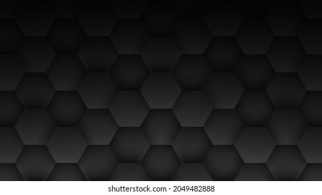 3D Hexagon Tech Structure Abstract Minimalist Black Background. Science Technology Hexagonal Blocks Pattern Conceptual Dark Gray Wallpaper. Clear Blank Subtle Textured Banner Empty Backdrop