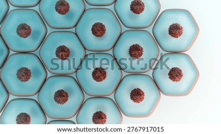 A 3D hexagonal cells with dark nuclei. The honeycomb layout creates a clean, scientific aesthetic with soft depth and glowing membranes. 