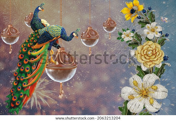 3D High Decoration Background Peacock and Flower Mural Wallpaper.