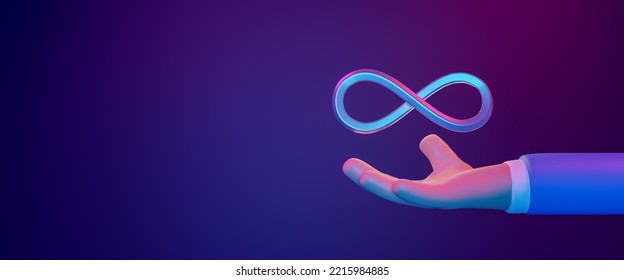 3D Holding Virtual Reality Infinity Symbol, Point Connecting Network Technology System On Abstract Background. Neon Light, Loop, Ultraviolet Spectrum, Quantum Energy, 3d Rendering Illustration