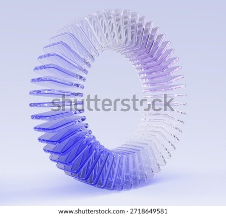 3d holographic glass circle array of transparent square plates with purple blue gradient. Abstract geometric ring, crystal round wheel or circular data graph, isolated graphic element. 3D Illustration