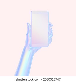 3d Holographic Hand Holding Phone Illustration, Mobile In Abstract Hand