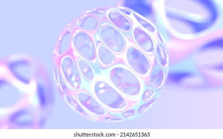 3D holographic hollow ball or metal sphere with holes, circle chromatic object with gradient pearlescent texture, glossy futuristic sculpture abstract fluid shape. Modern design, 3D render wallpaper