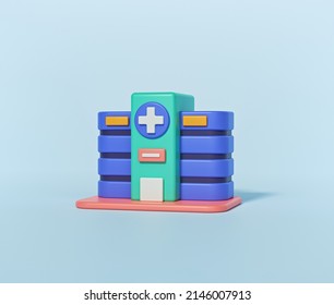 3D Hospital Building Isolated On Pastel Blue Background. Health Care Icon. 3d Rendering