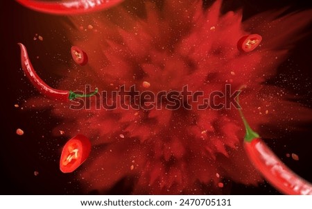 3D Hot red powder explosion effect background with chili pepper flying out.