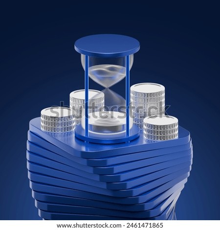 3D hourglass with stack coin on blue background. Business financial investing concept. cool minimal Sand clock, promotion timer. 3d render illustration