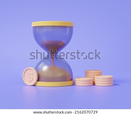 3D hourglass with stack dollar coin on pastel purple background. Business financial investing concept. cartoon minimal Sand clock, promotion timer. 3d render illustration
