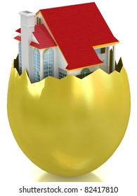 3d House Appearing In Broken Golden Egg Shell