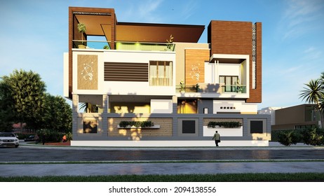 3d House Front Elevation. Corner House Elevation. House Has Different View 