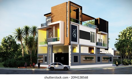 3d House Front Elevation. Corner House Elevation. House Has Different View 