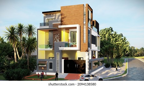 3d House Front Elevation. Corner House Elevation. House Has Different View 