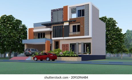 3d House Front Elevation. House Rendering Hi Quality And Hi Resolution 