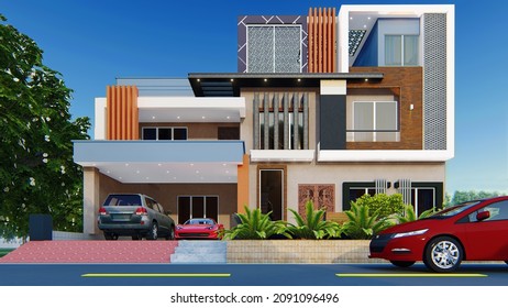 3d House Front Elevation. House Rendering Hi Quality And Hi Resolution 