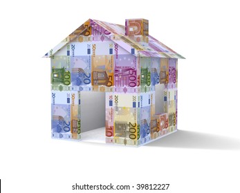 3D house made from euros on white background