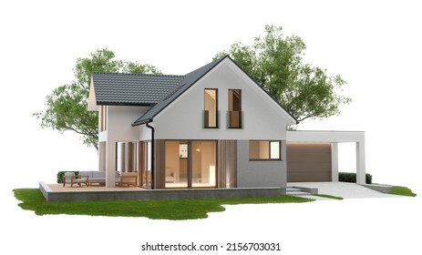 3D House On The Grass Isolated On White. 3D Illustration