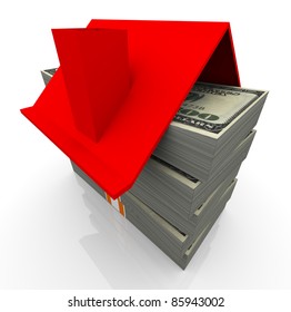 3d house red roof on the stacks of dollar bills. concept of real estate business