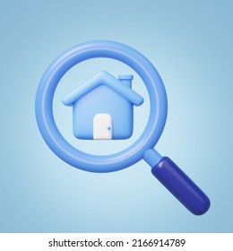 3D House Search Icon. Magnifying Glass, Cute Home Isolated On Blue Background. Business Investment, Real Estate, Inspection, Find, Research Concept. Cartoon Icon Minimal Style. 3d Render Illustration.