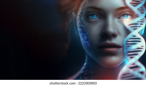 3D human and DNA model interconnection, post human concept, gene editing and human augmentation, bio hacking concept 
 3d rendering