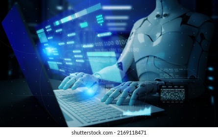 3D Humanoid AI Robot Metaverse Cyberspace Digital World Background, Revolution Of AI Artificial Intelligence Automated Digital Technology Industry 4.0 Concept