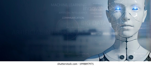 3D Humanoid robot face close-up futuristic modern tech background with copy space. Future digital technology AI artificial intelligence concept.
