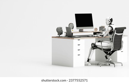 3D humanoid robot sitting at a work desk. Future concept without people with smart robotics replace humans with technology Artificial intelligence. On a white background. In 3D rendering.