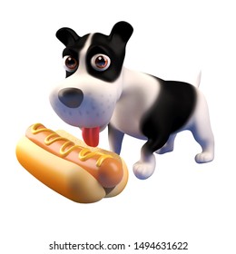 3d hungry puppy dog looks at a giant hot dog food snack, 3d illustration render