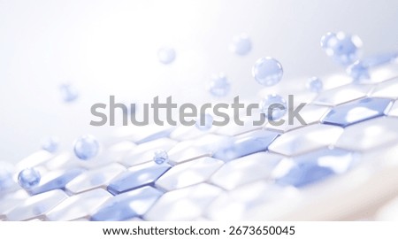 3D hydration molecules falling onto a hexagon skin surface. Perfect for skincare, serum absorption, and cosmetic treatment visuals. Clean, smooth, and scientific look.