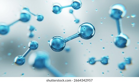 3D hydrogen molecule structure in soft glowing light, representing hydration science, skincare innovation, and advanced beauty research.