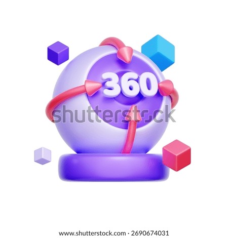 3D icon of a 360 degree camera For capturing panoramic photos, recording immersive video, creating virtual tour content, and spherical photography.