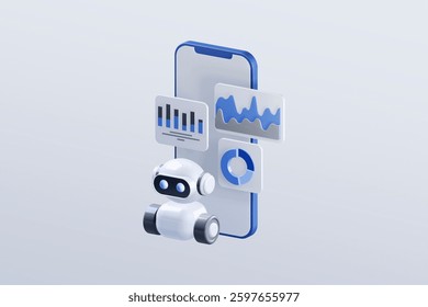 3D Icon of Ai Artificial intelligence in Finance Fintech. Digital banking and financial technology concept. Investment charts and graphs with robot and smartphone isolated on white background