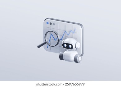 3D Icon of Ai Artificial intelligence in Finance Fintech. Digital banking and financial technology concept. Trading terminal with robot and magnifying glass isolated on white background