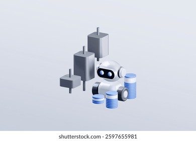 3D Icon of Ai Artificial intelligence in Finance Fintech. Digital banking and financial technology concept. Investment candles and coins with robot isolated on white background
