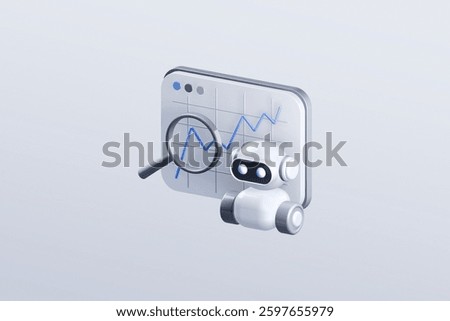 3D Icon of Ai Artificial intelligence in Finance Fintech. Digital banking and financial technology concept. Trading terminal with robot and magnifying glass isolated on white background