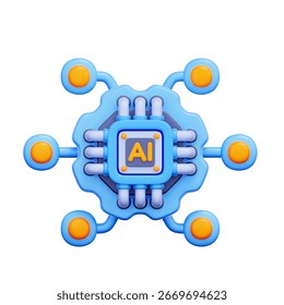 3D icon of an AI chip processing network data For machine learning model, artificial intelligence, data processing, neural network.