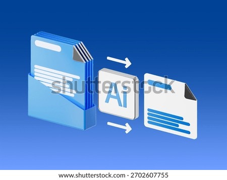 3D icon of an AI system analyzing and transforming documents, representing text processing, summarization, content extraction and automated document analysis.