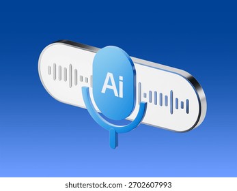 3D icon of an AI voice processing system with a microphone symbol and sound waves, representing speech recognition, audio transcription, voice analysis and sound generation.