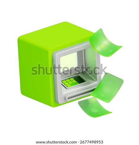 3D icon of an ATM machine with floating cash For cash withdrawal, fast money transfer, financial liquidity, bank transaction, and accessing an emergency fund.