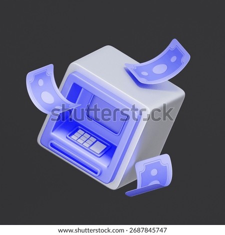 3D icon of an ATM machine with floating banknotes For cash withdrawal, accessing bank funds, financial transactions, and getting paper money.