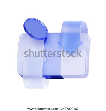 3D icon of banknotes with up and down arrows and a coin For representing cash flow fluctuation, managing income and expenses, currency circulation, and financial cycles.