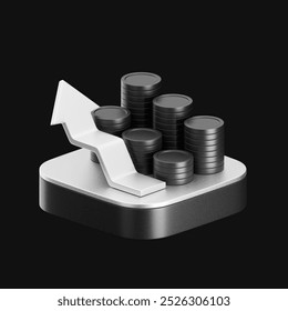 3d icon of black coins stack with arrow. simple 3d illustration for finance and banking on isolated black background. Financial concept of growth with minimal stylized objects on square platform