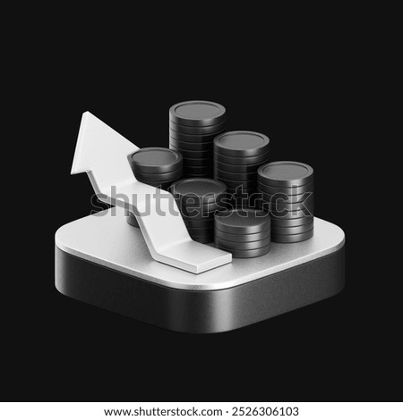 3d icon of black coins stack with arrow. simple 3d illustration for finance and banking on isolated black background. Financial concept of growth with minimal stylized objects on square platform