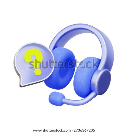 3D icon of a blue headset with a speech bubble and question mark for customer support, help desk service, virtual assistant, and client consultation.