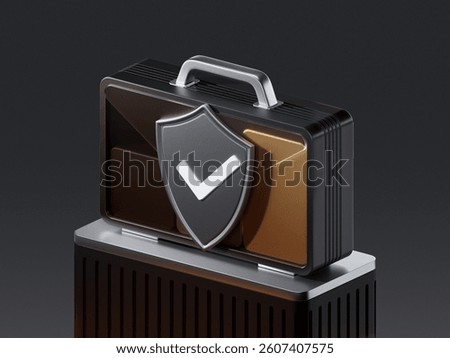 3D icon of a briefcase with analytics bars protected by a shield, symbolizing secure investments, financial security, risk management, and protected growth.