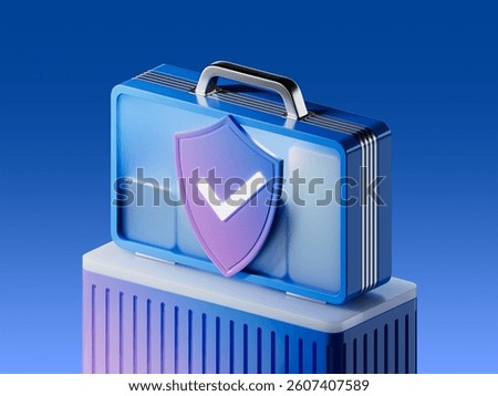 3D icon of a briefcase with analytics bars protected by a shield, symbolizing secure investments, financial security, risk management, and protected growth.