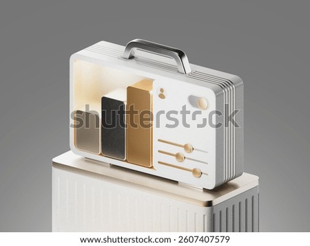 3D icon of a briefcase featuring analytics bars and adjustable settings, symbolizing financial data management, business strategy, and performance optimization.