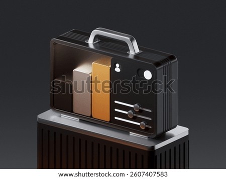 3D icon of a briefcase featuring analytics bars and adjustable settings, symbolizing financial data management, business strategy, and performance optimization.