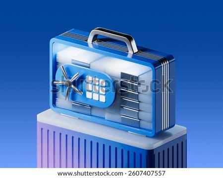 3D icon of a briefcase featuring a safe door and stacks of money, illustrating financial security, asset protection, secure banking, and wealth safety.